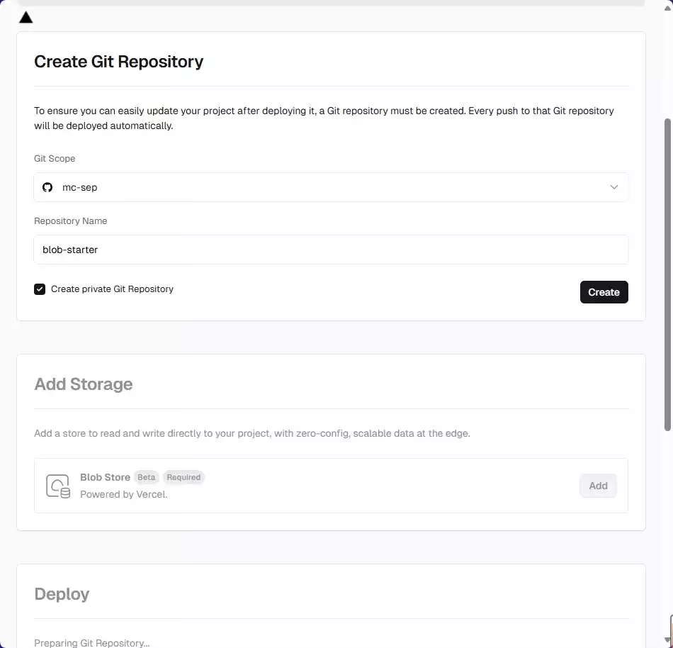 该图片显示了一个创建私有 Git 仓库和添加存储的 Vercel 界面截图,其中包括仓库名称、Git 范围和 Blob 存储选项。