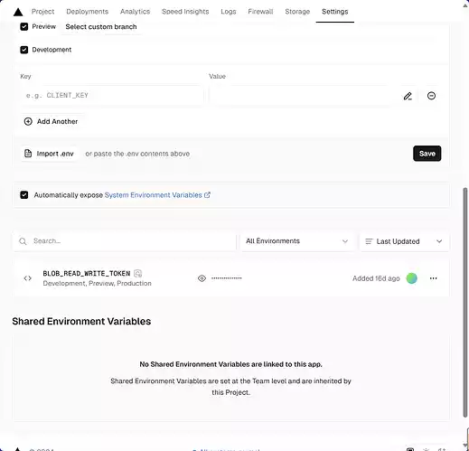 该图片显示了一个应用程序的设置界面,用户可以在这里管理环境变量,包括添加、导入和查看共享环境变量。(由 AI 生成标题)